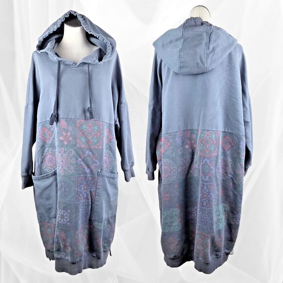 YESNO Sweatshirt Dress Boho Hooded Blue One Size Ethnic Pocket - Picture 1 of 4